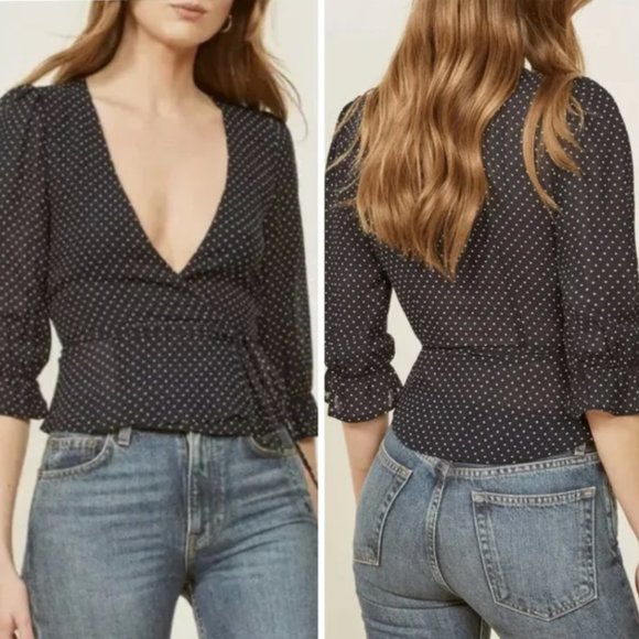 Reformation Tops - Reformation Emma polka dot ruffle wrap top blouse blue white medium